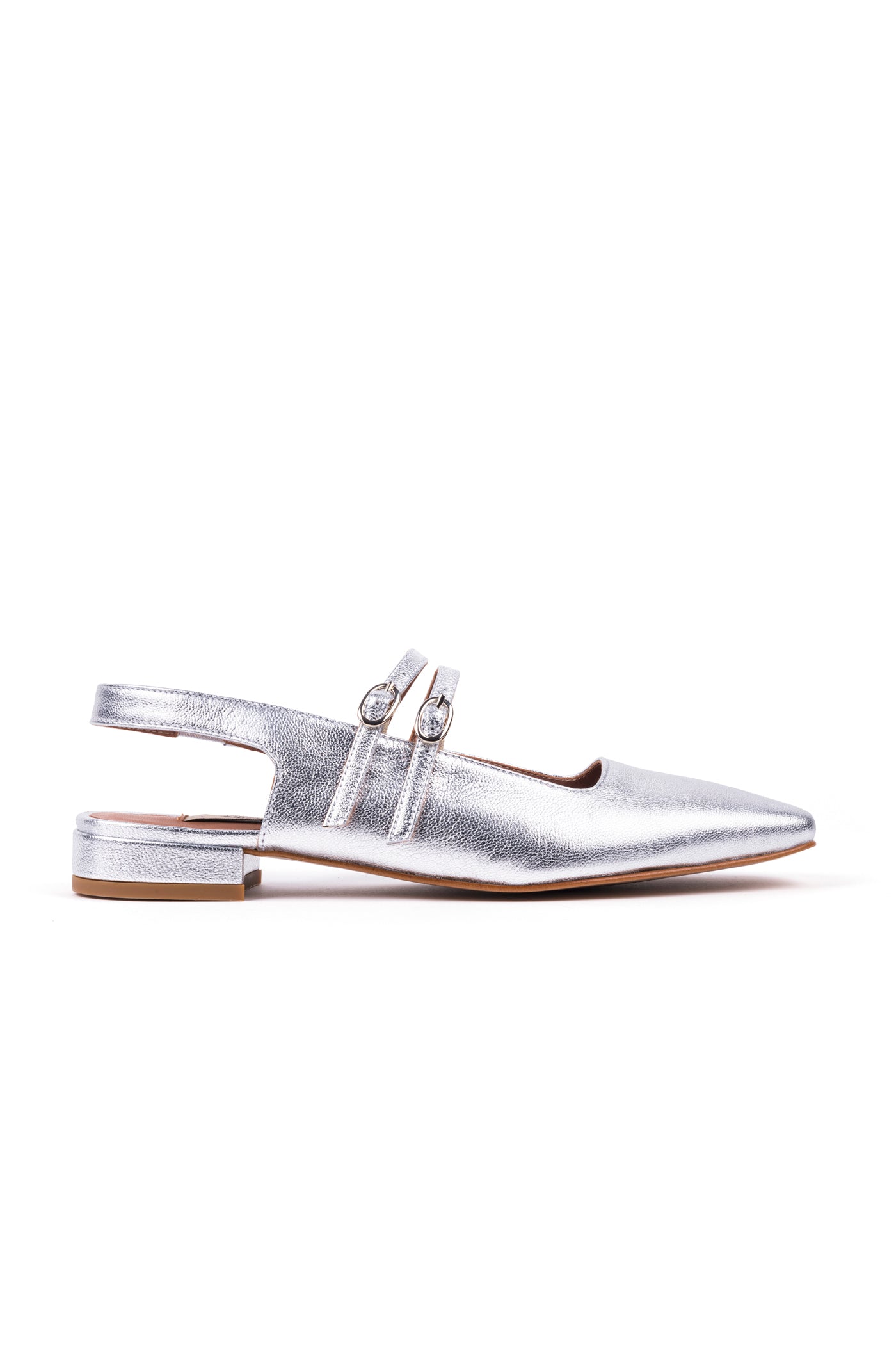 Slingbacks rasos de senhora em pele metalizada prata, estilo mary jane