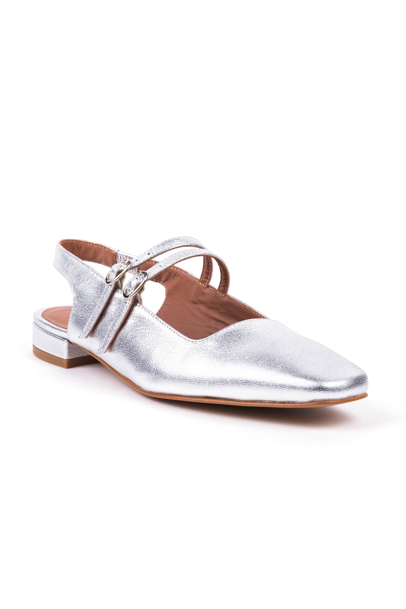 Slingbacks rasos de senhora em pele metalizada prata, estilo mary jane