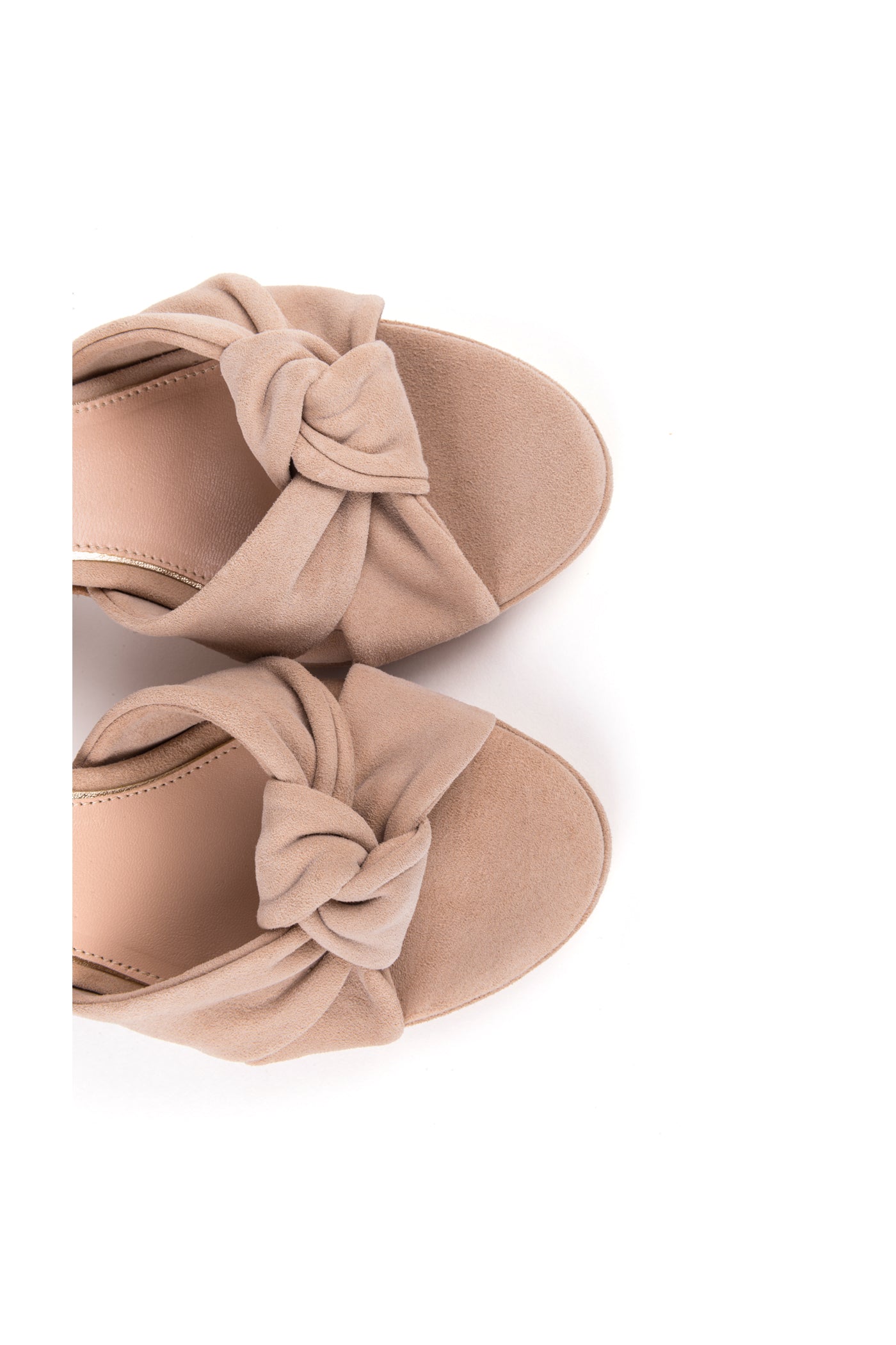 Sandálias de noiva de salto alto compensado 9 cm com detalhe de nó em camurça