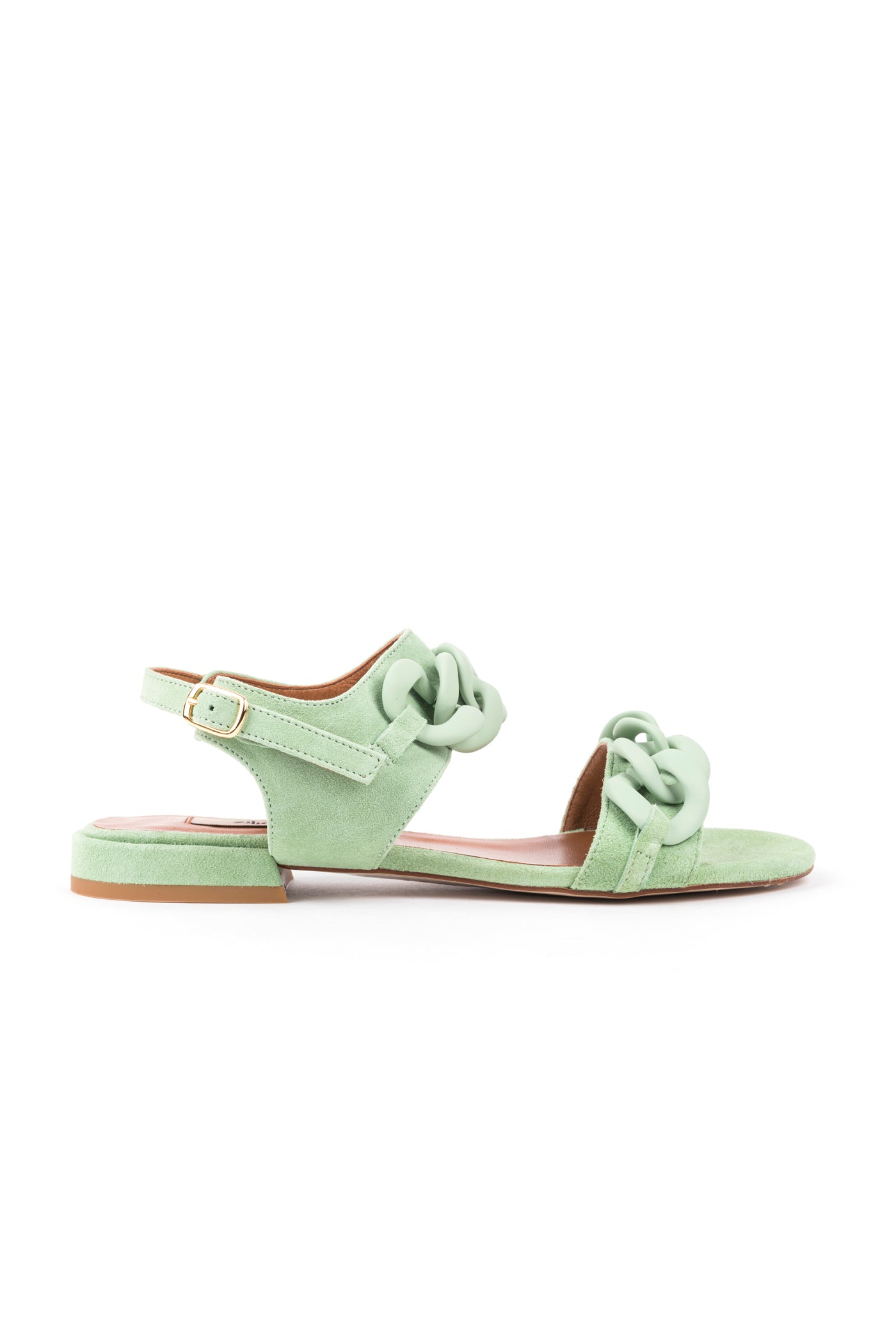 Sandálias de senhora rasas em camurça azul, verde água e toupeira