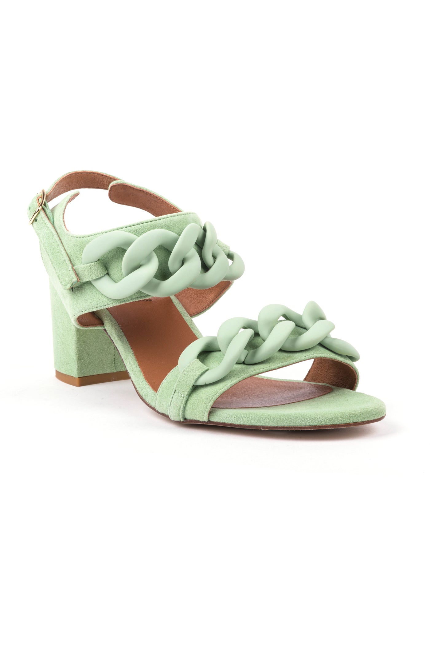 Sandálias de senhora com salto médio em tons pastel, verde, toupeira e azul
