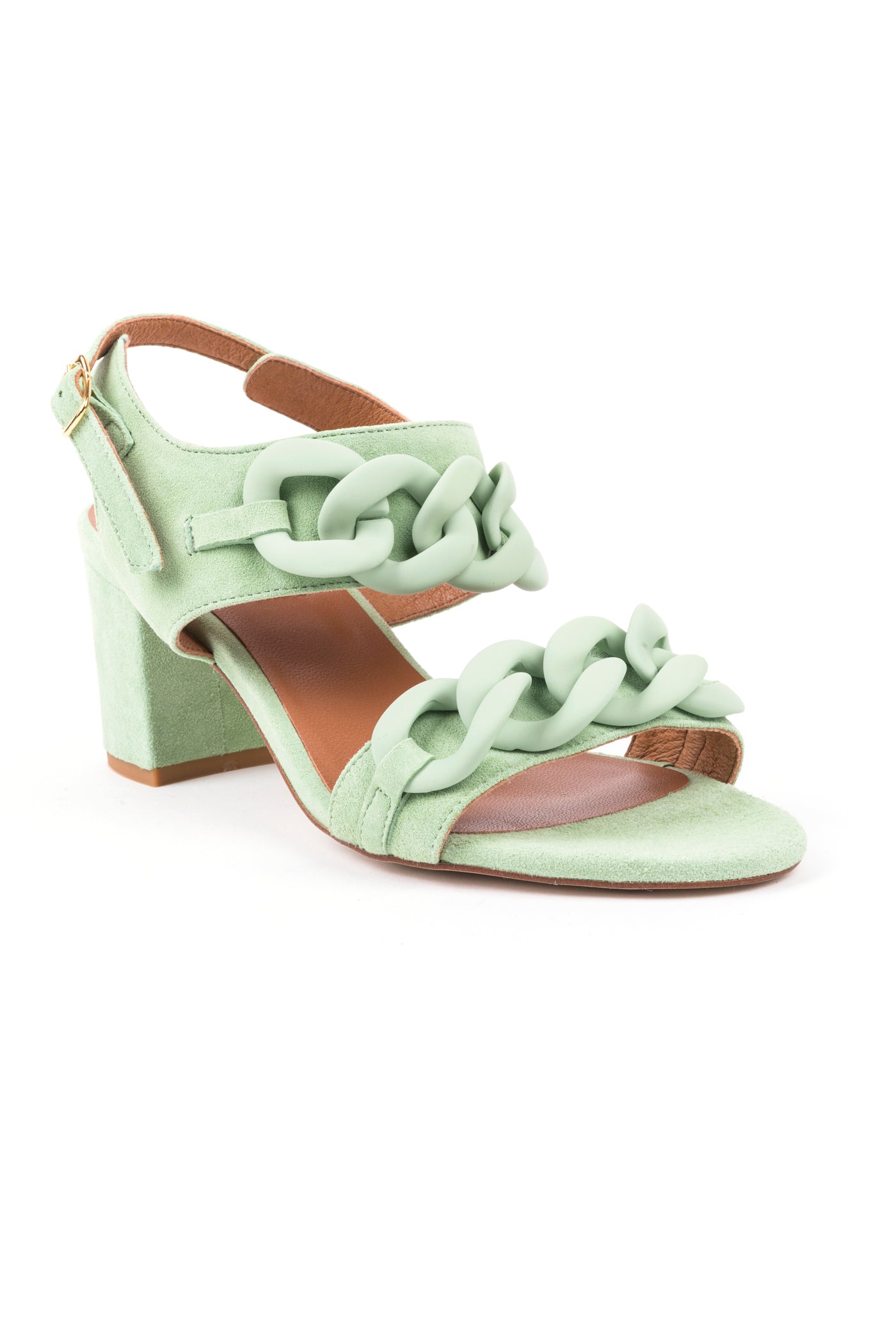 Sandálias de senhora com salto médio em tons pastel, verde, toupeira e azul