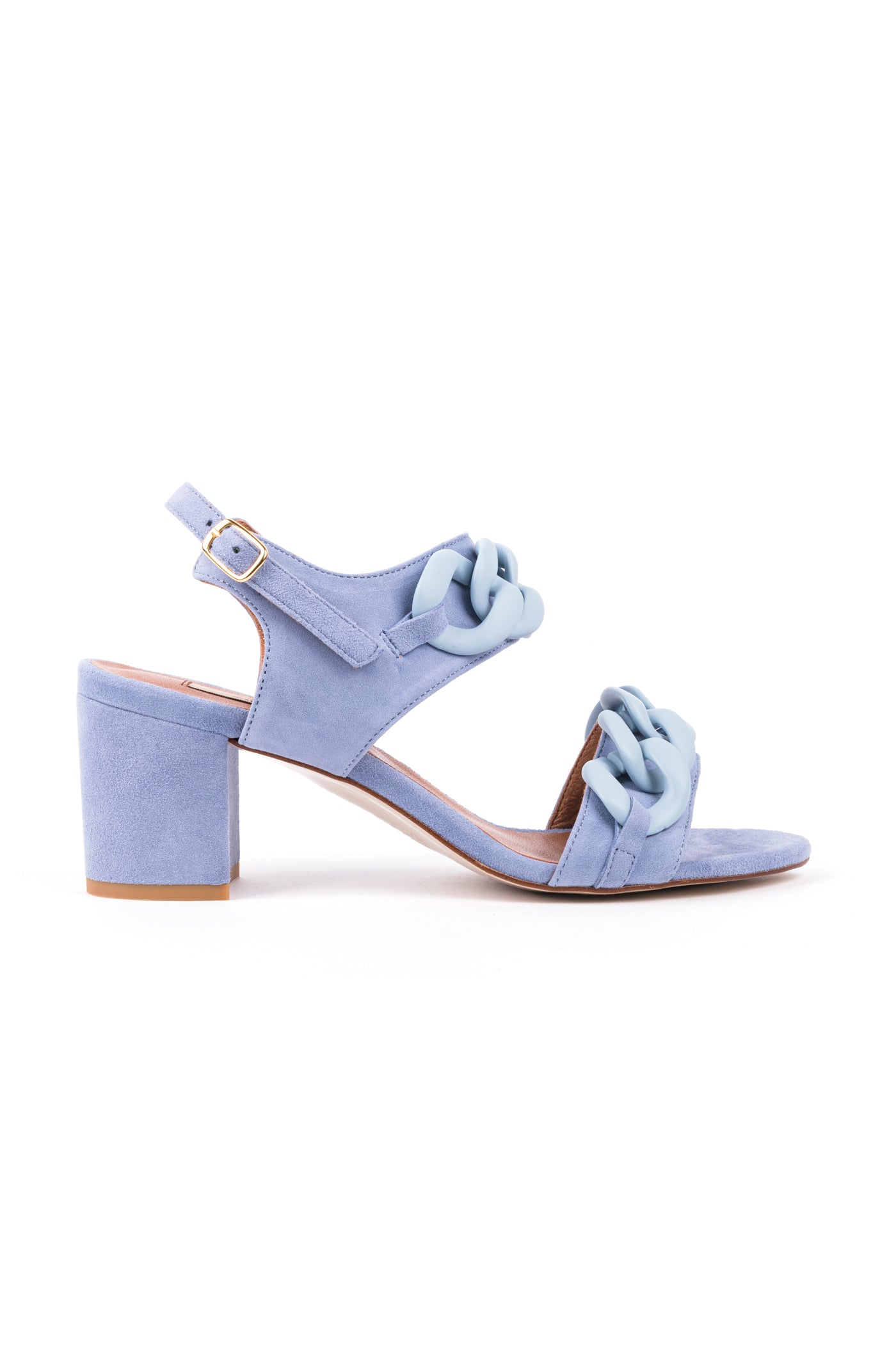 Sandálias de senhora com salto médio em tons pastel, verde, toupeira e azul