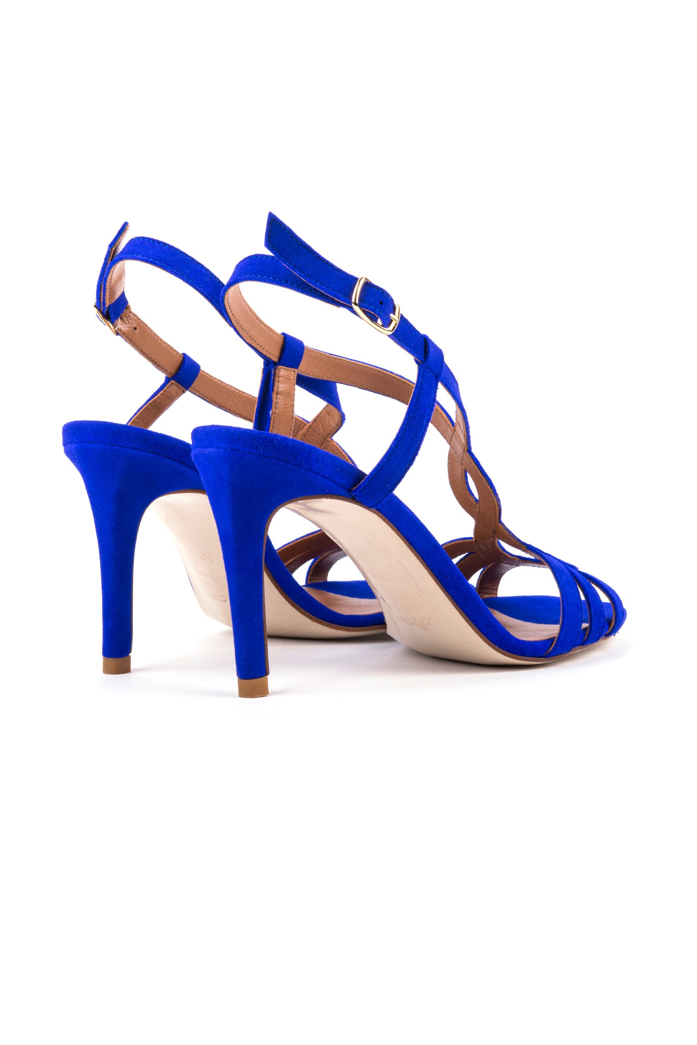 Sandálias de cerimónia, para festa, em camurça de salto alto. Fushia e azul eléctrico