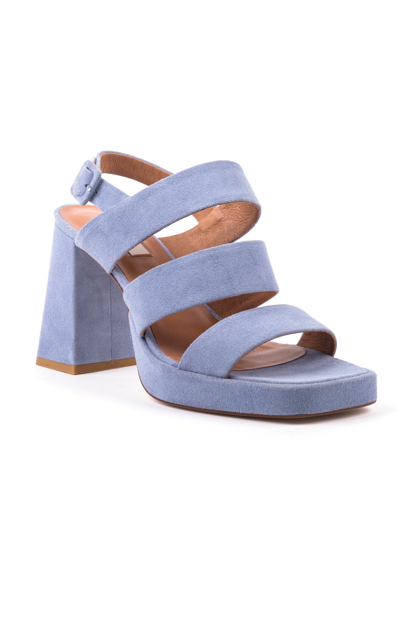 Sandálias de salto alto de senhora em camurça bege, preta e azul claro