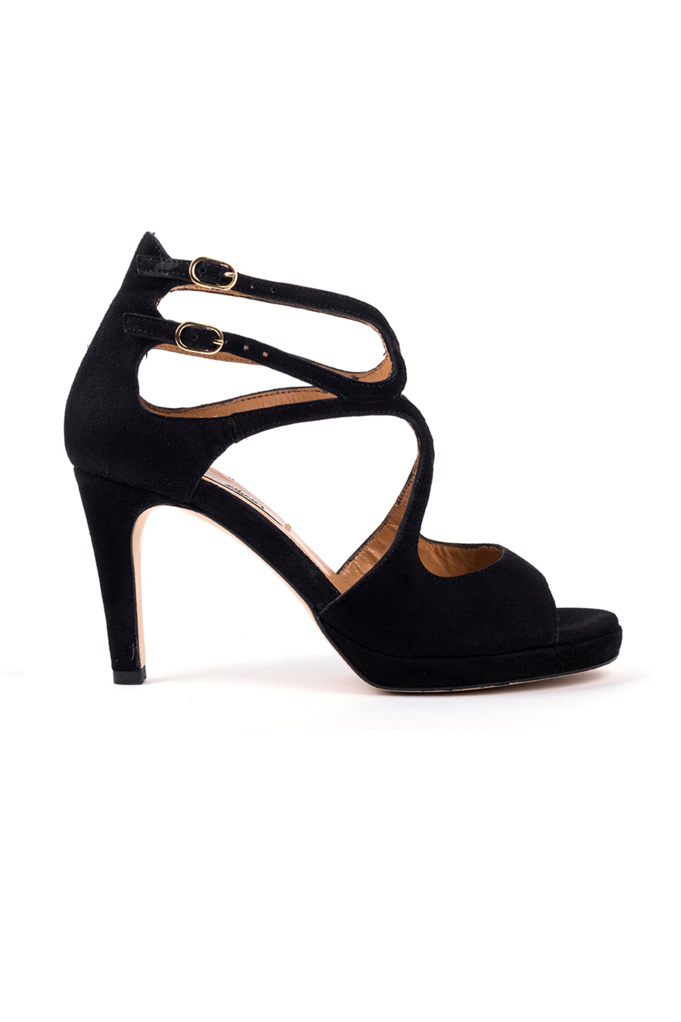 Sandalias compensadas em camurça de salto alto. Confortáveis