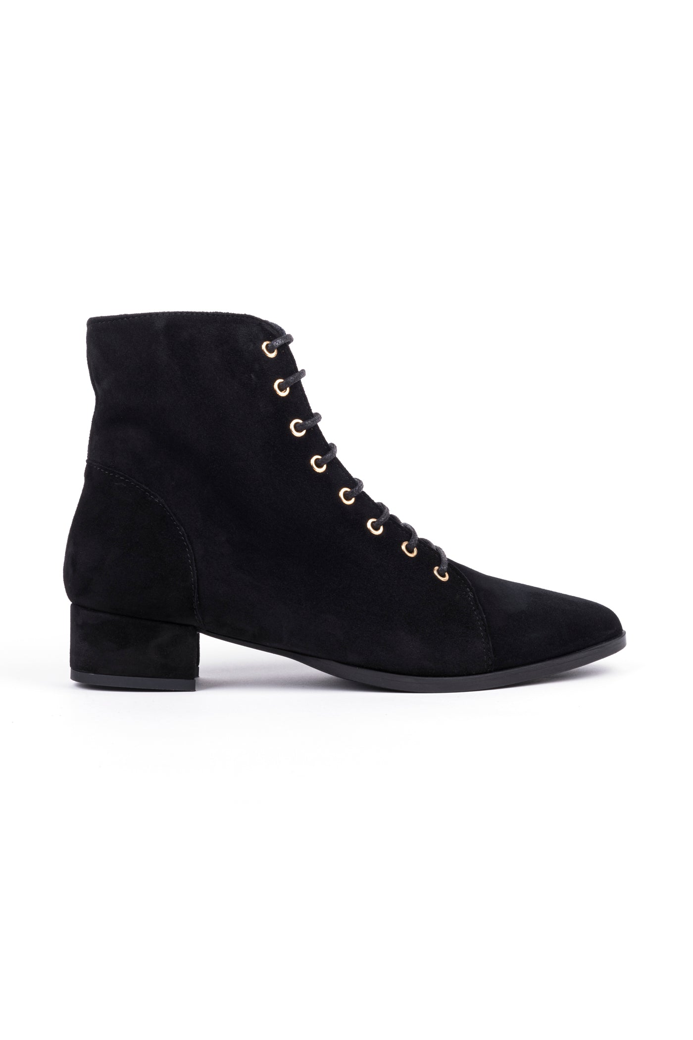 Botins bicudos de salto médio em camurça com atacadores e fecho