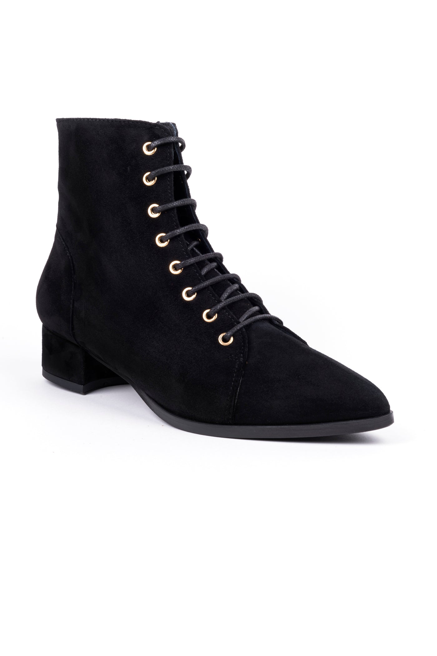 Botins bicudos de salto médio em camurça com atacadores e fecho