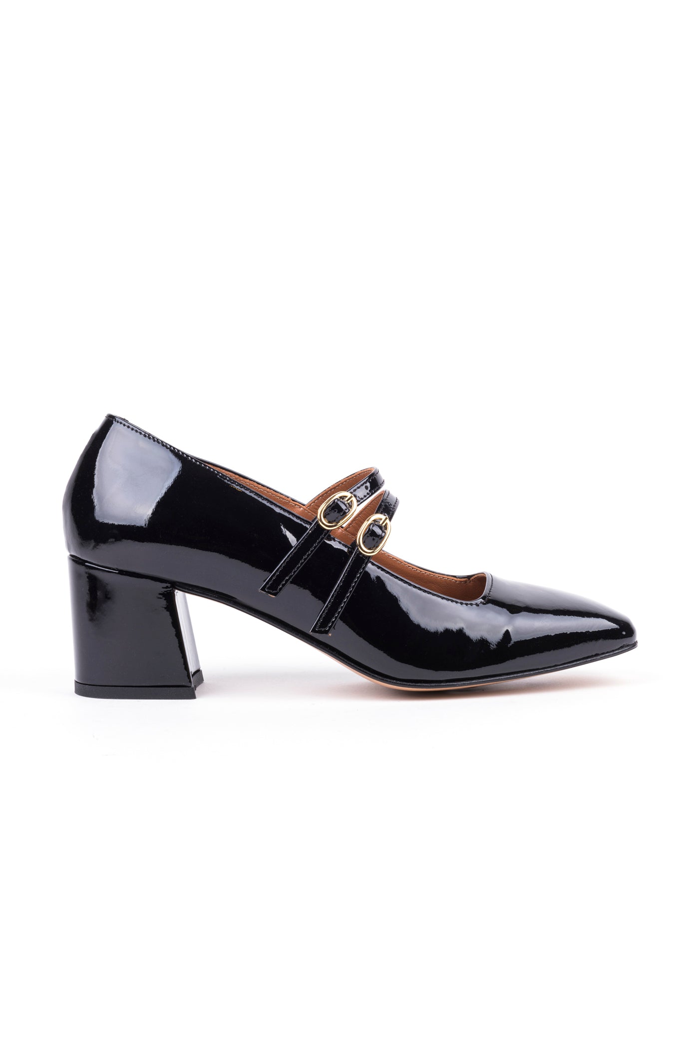 Sapatos Mary Jane de salto alto médio em verniz com 2 fivelas