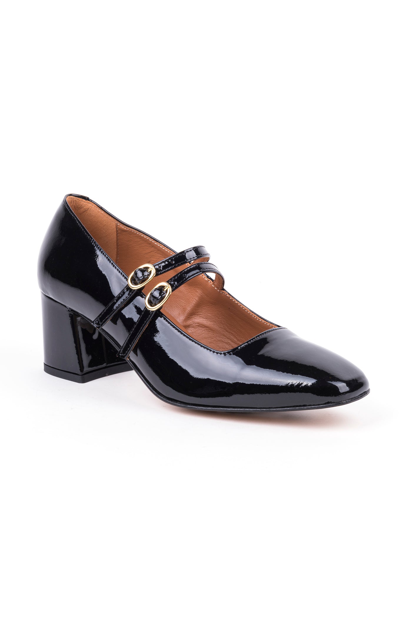 Sapatos Mary Jane de salto alto médio em verniz com 2 fivelas