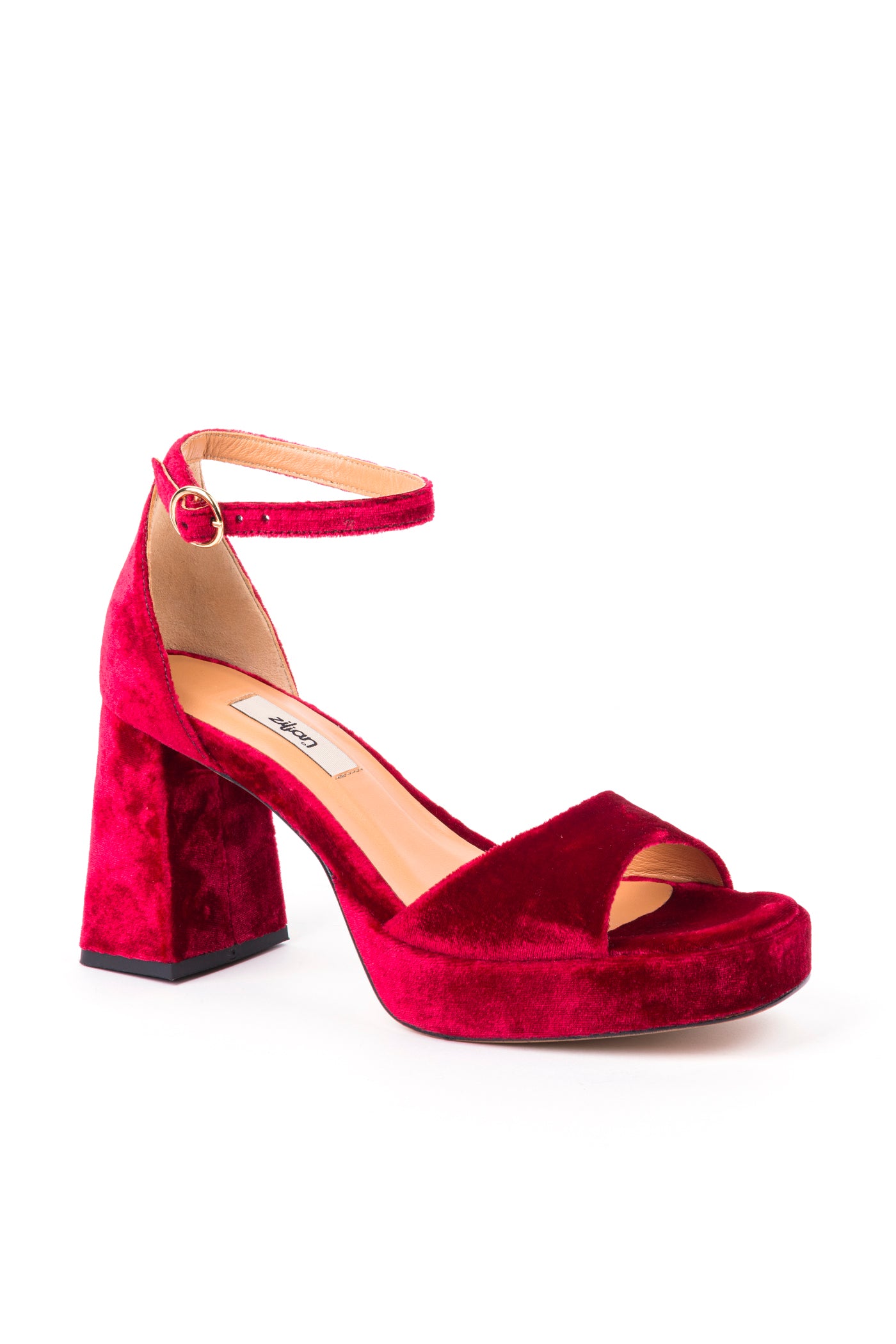 Sandálias de salto alto de festa em veludo vermelho com fivela ajustável no tornozelo. Ref: 600612 <p> Altura do salto:9,5 cm //
Altura do compensado: 2 cm