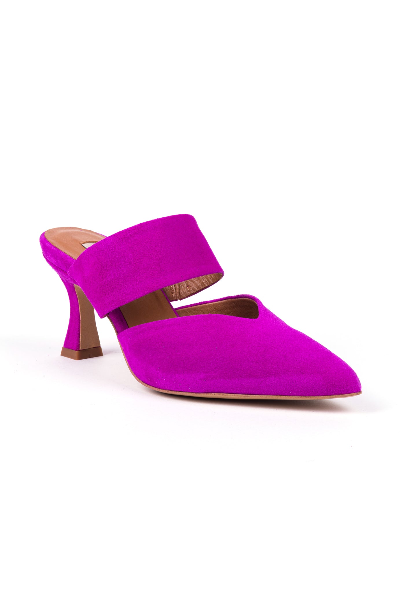 Fotografias de produto das mules de salto alto em camurça azulão e fushia