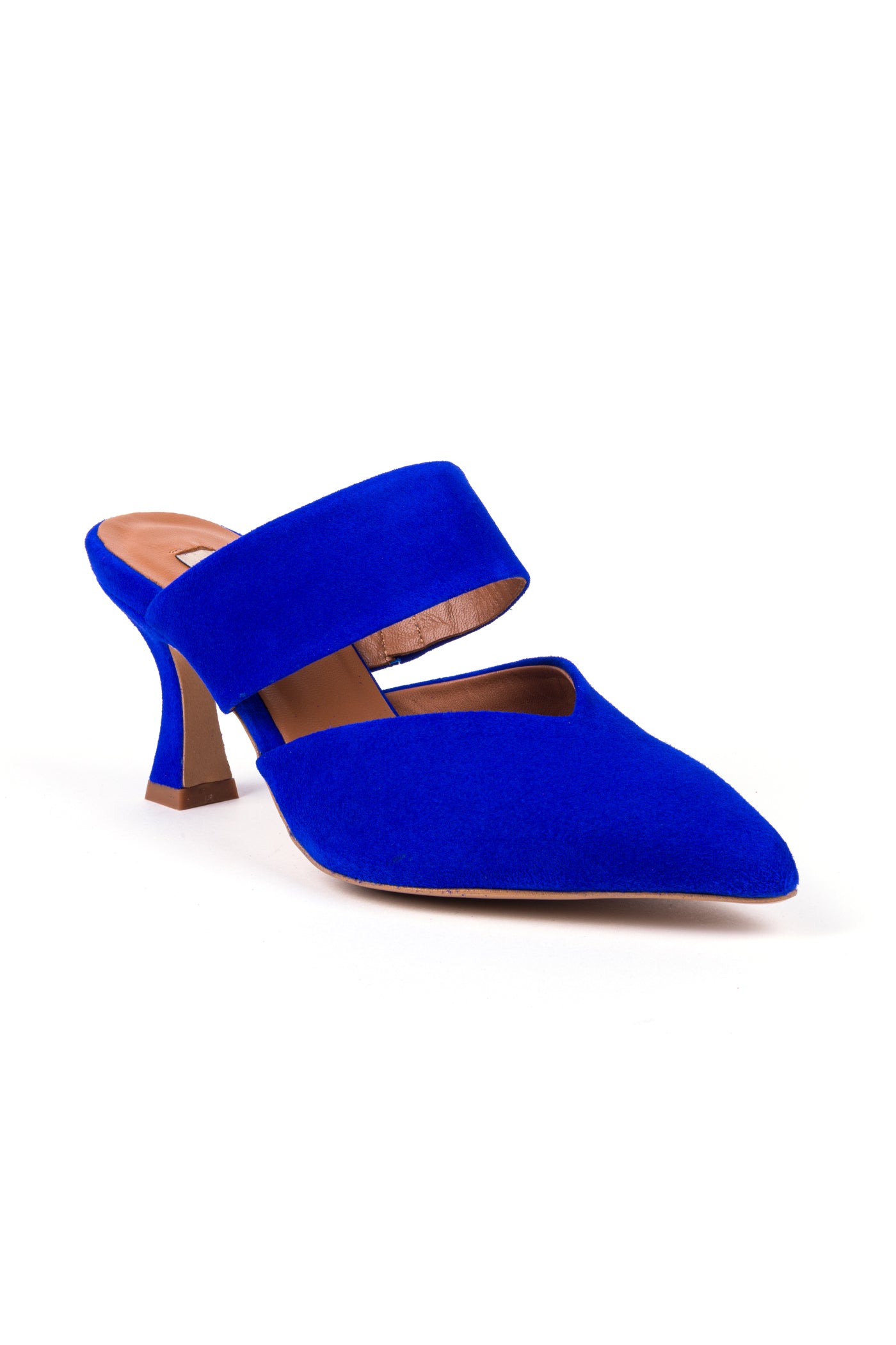 Fotografias de produto das mules de salto alto em camurça azulão e fushia