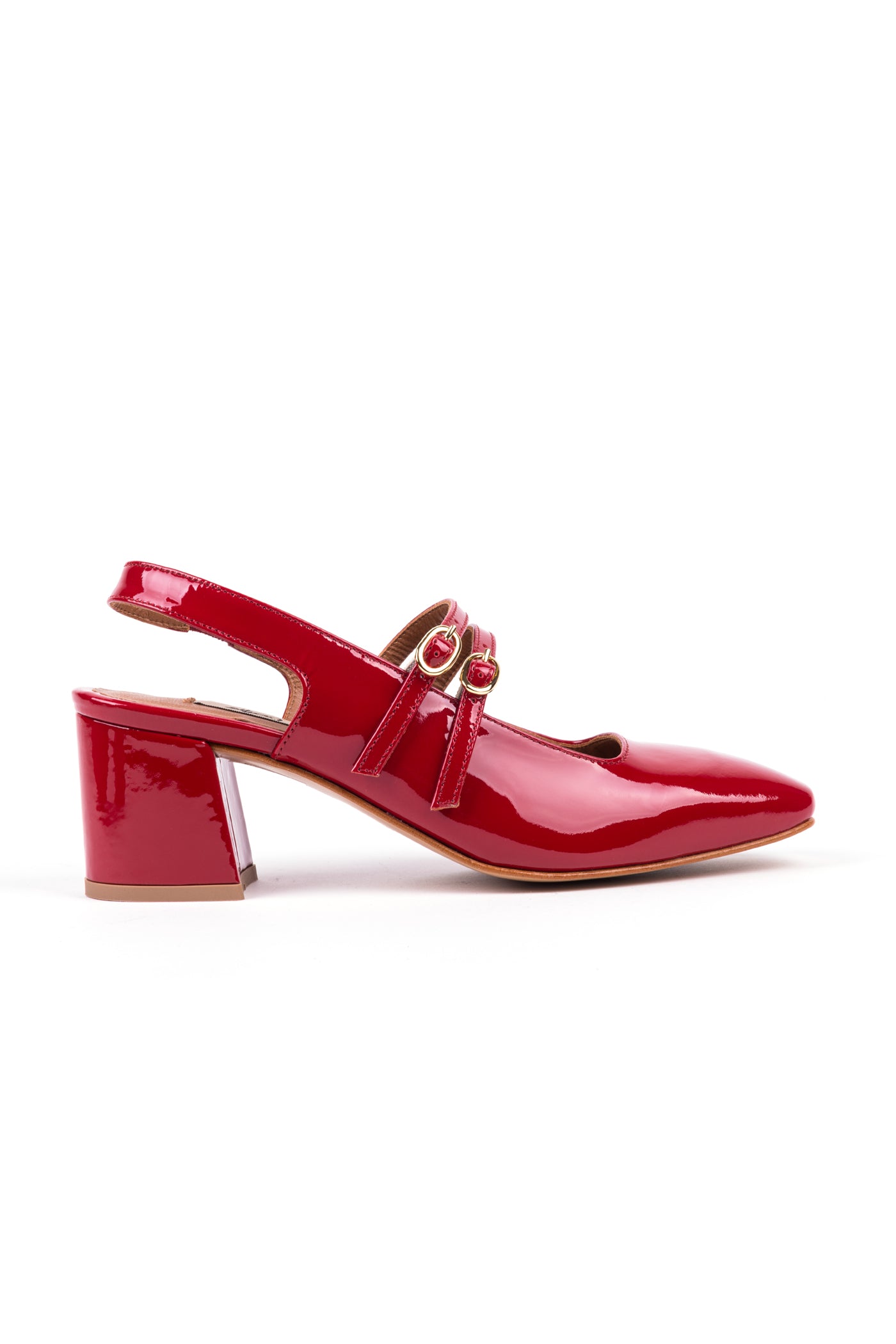 Slingbacks com salto médio estilo Mary Jane em pele envernizada vermelha e lilás