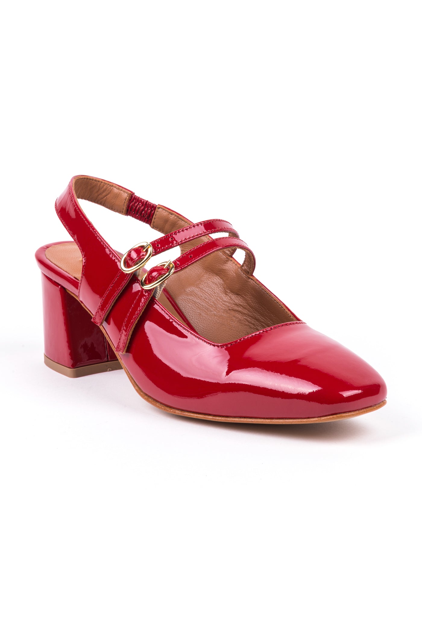 Slingbacks com salto médio estilo Mary Jane em pele envernizada vermelha e lilás