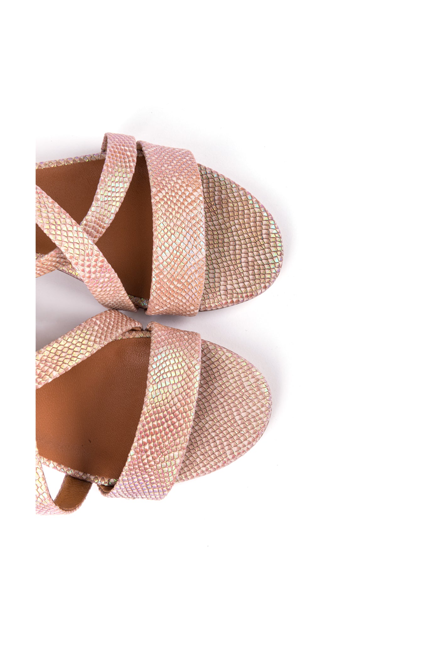 Sandálias de senhora de salto médio em pele metalizada fushia e champanhe