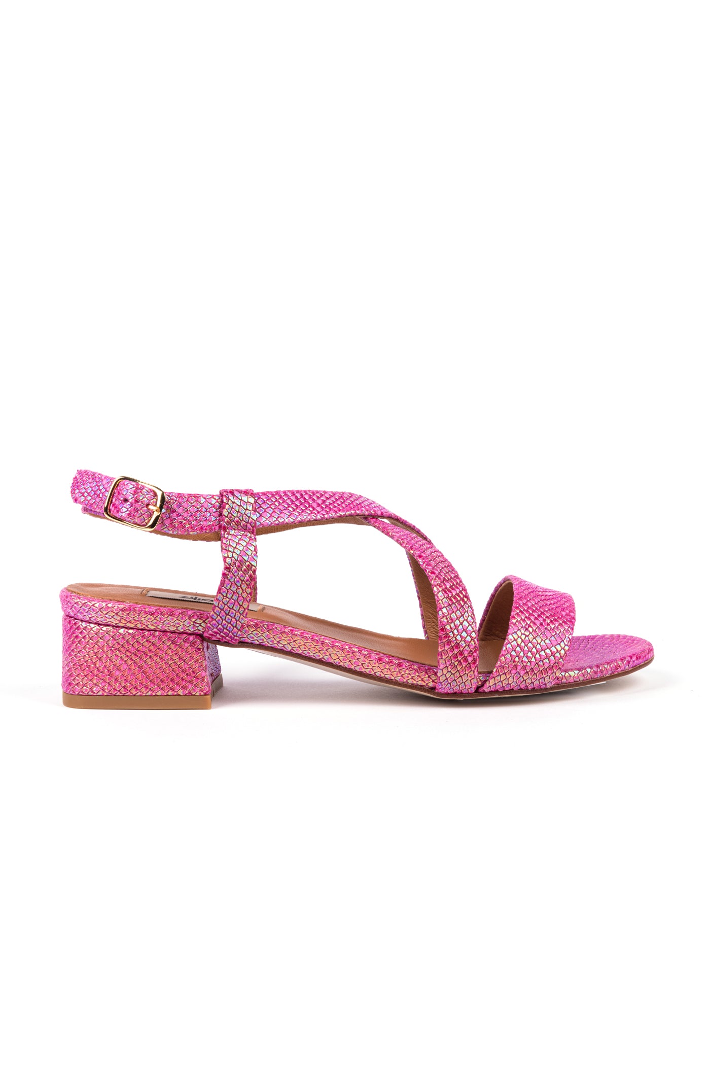 Sandálias de senhora de salto médio em pele metalizada fushia e champanhe