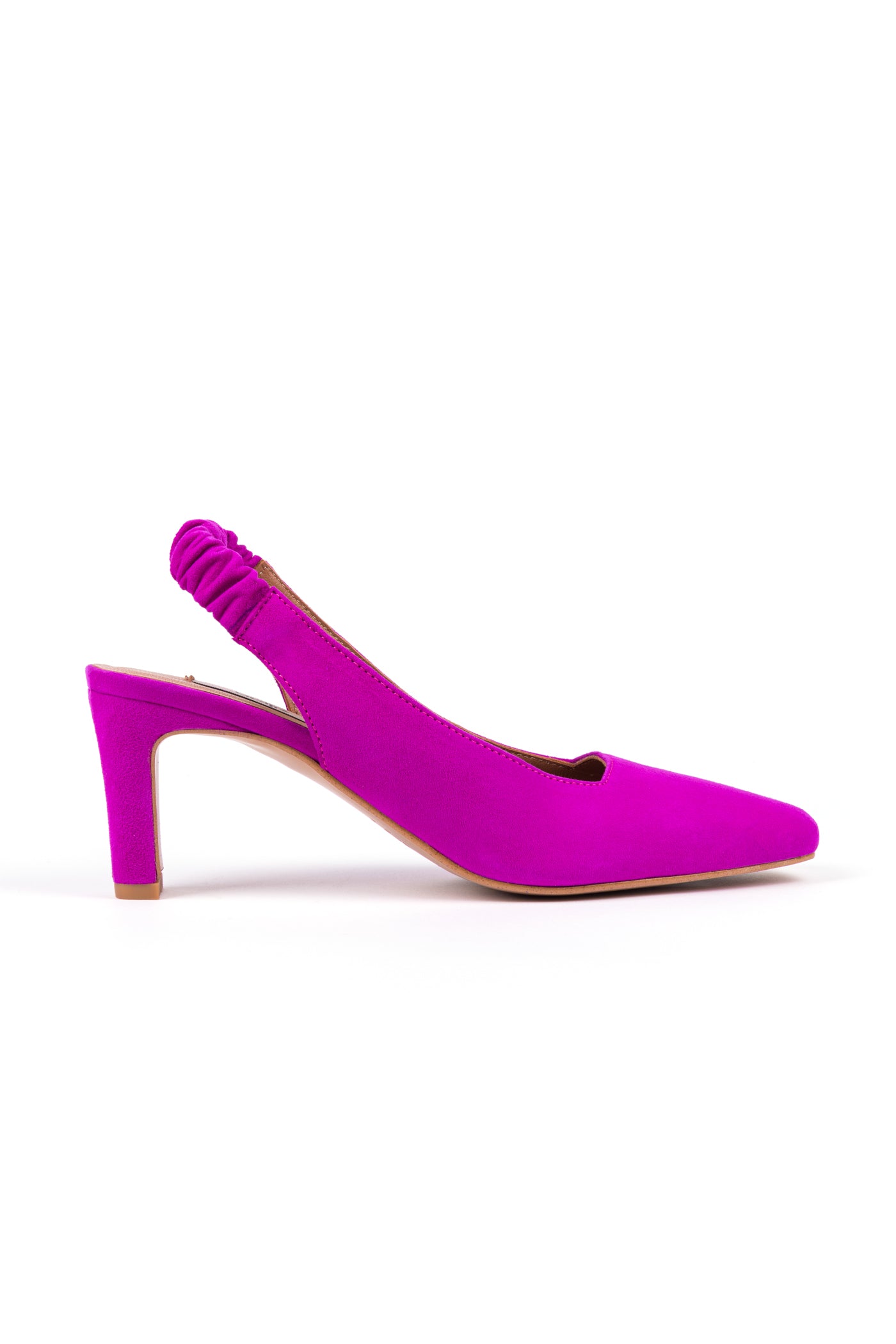 Slingbacks em camurça azulão e fushia com elástico