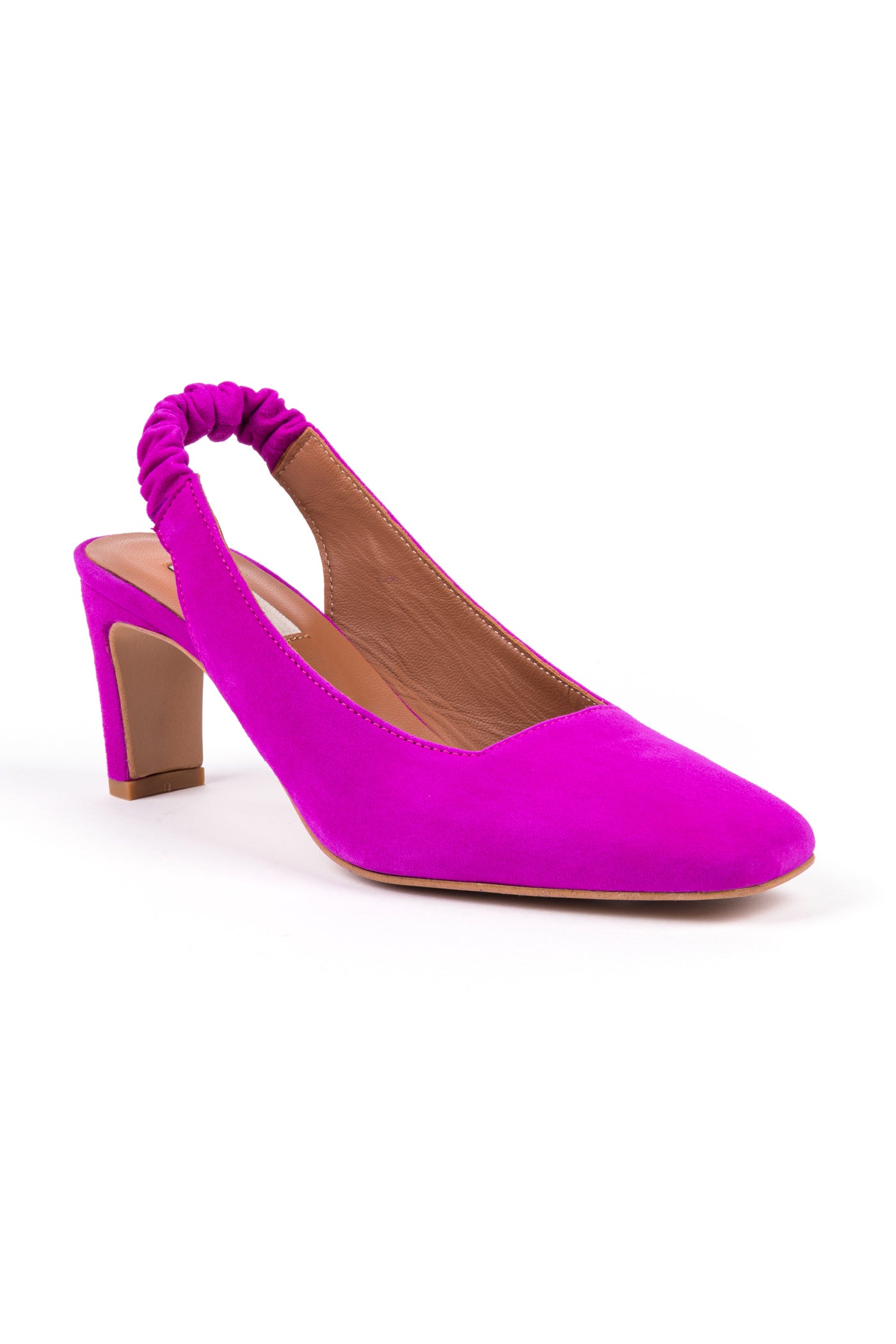 Slingbacks em camurça azulão e fushia com elástico