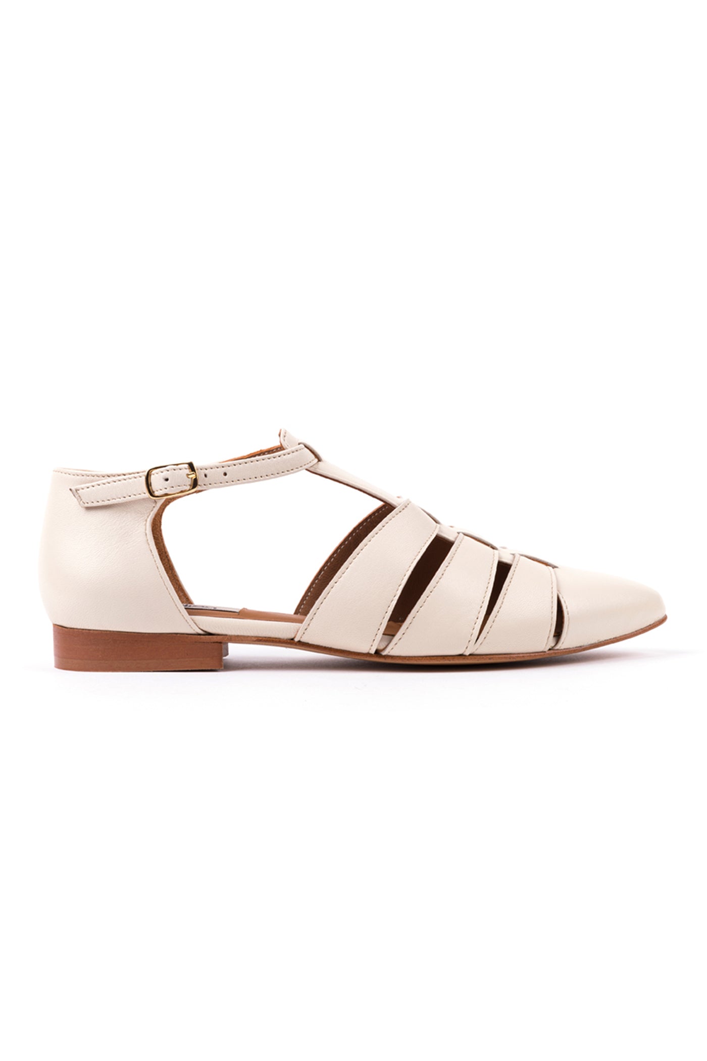 Sapatos rasos abertos em pele off-white e toupeira
