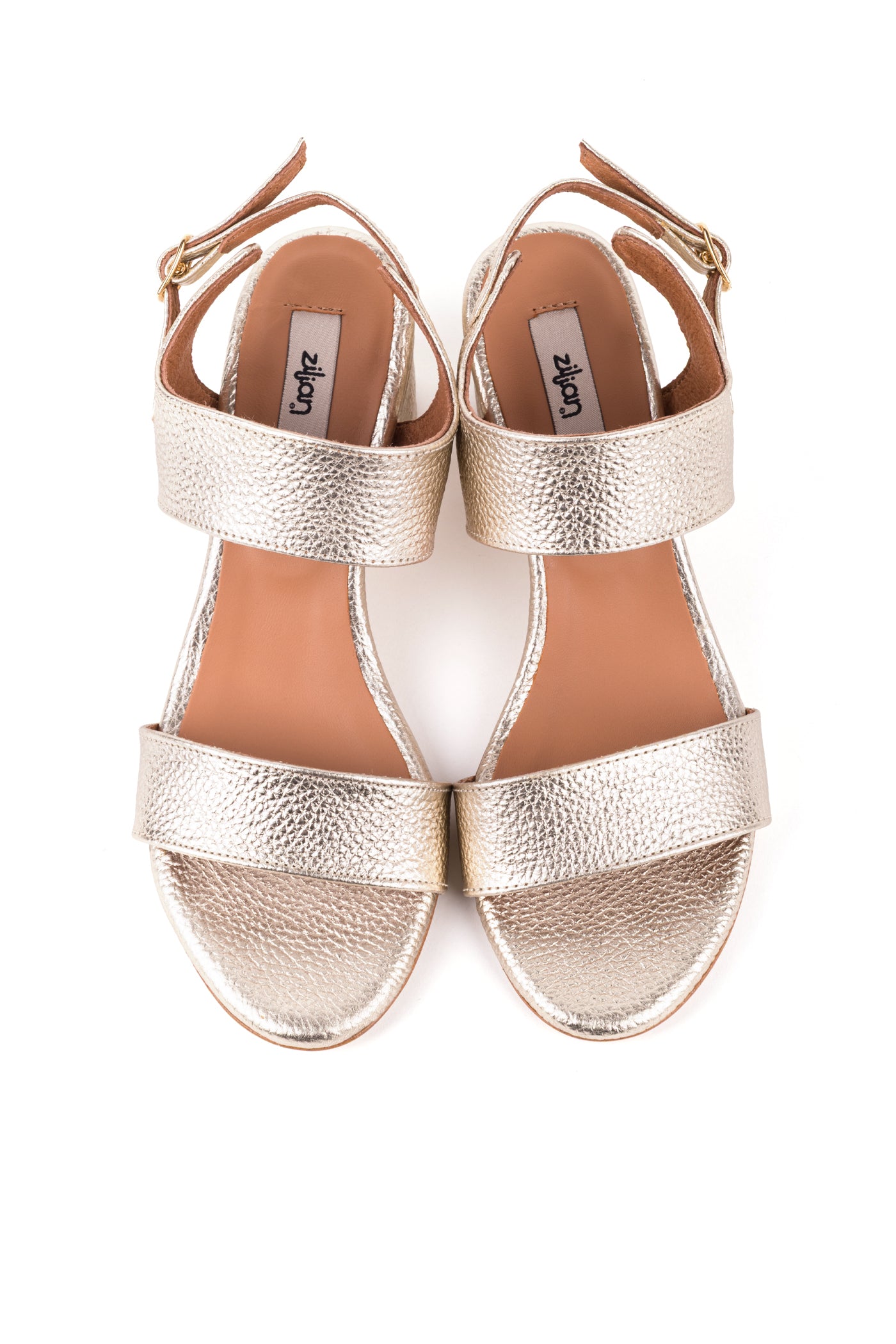 Sandálias com duas tiras de salto em pele metalizada