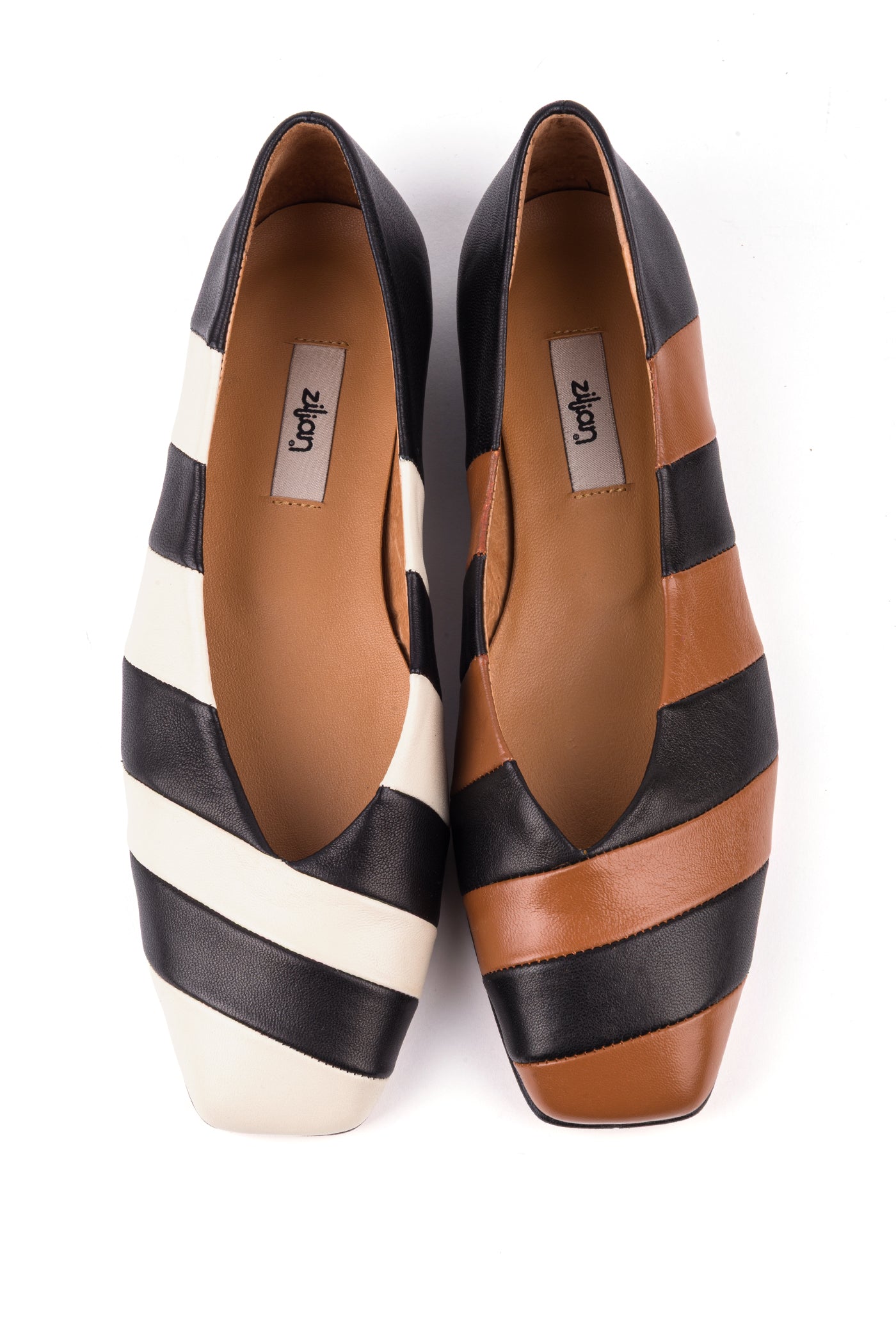 Sabrinas multicolor com cortes geométricos e biqueira quadrada em