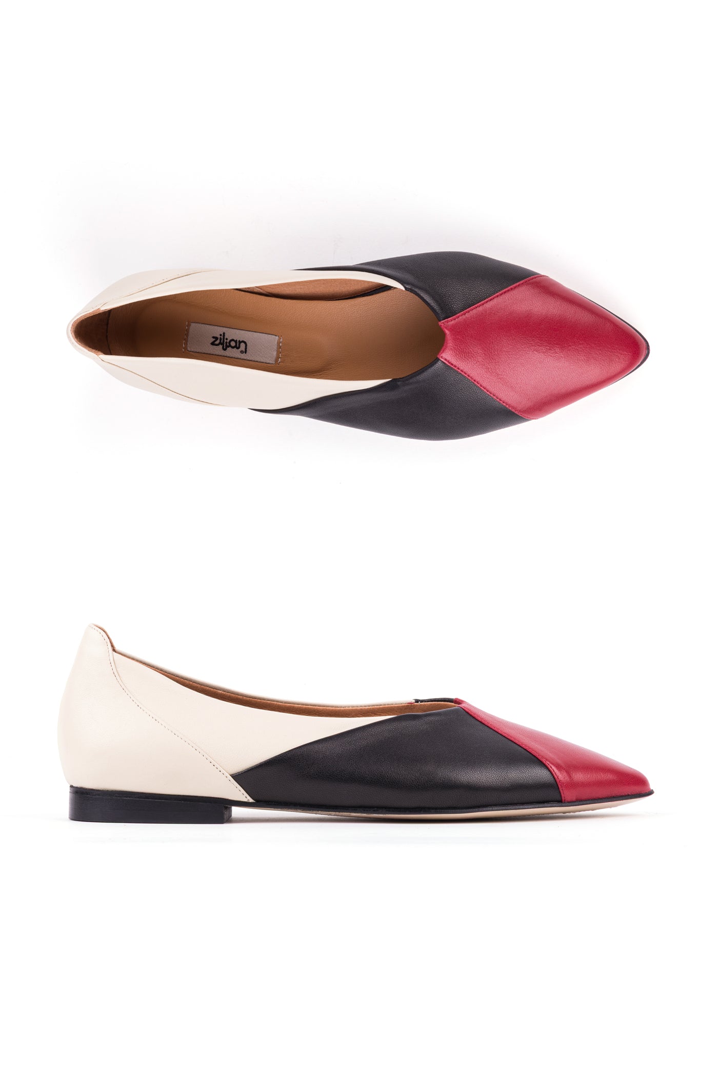 Sabrinas multicolor com cortes geométricos e biqueira quadrada em