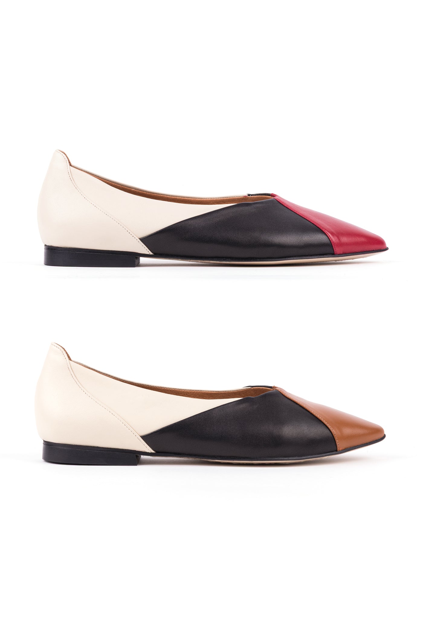 Sabrinas multicolor com cortes geométricos e biqueira quadrada em