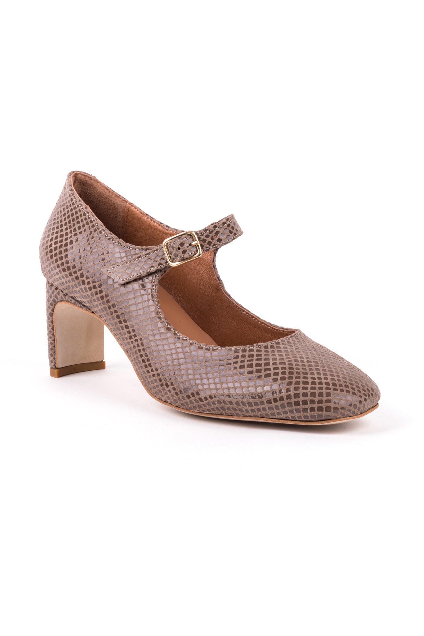 Sapato salto alto com ponta quadrada em croute print animal