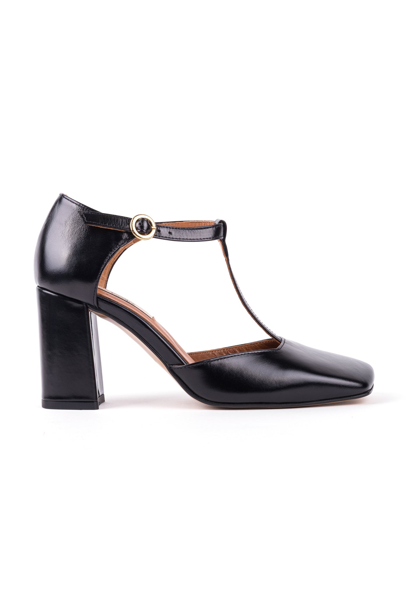 Sapatos de salto alto modelo t-bar em pele