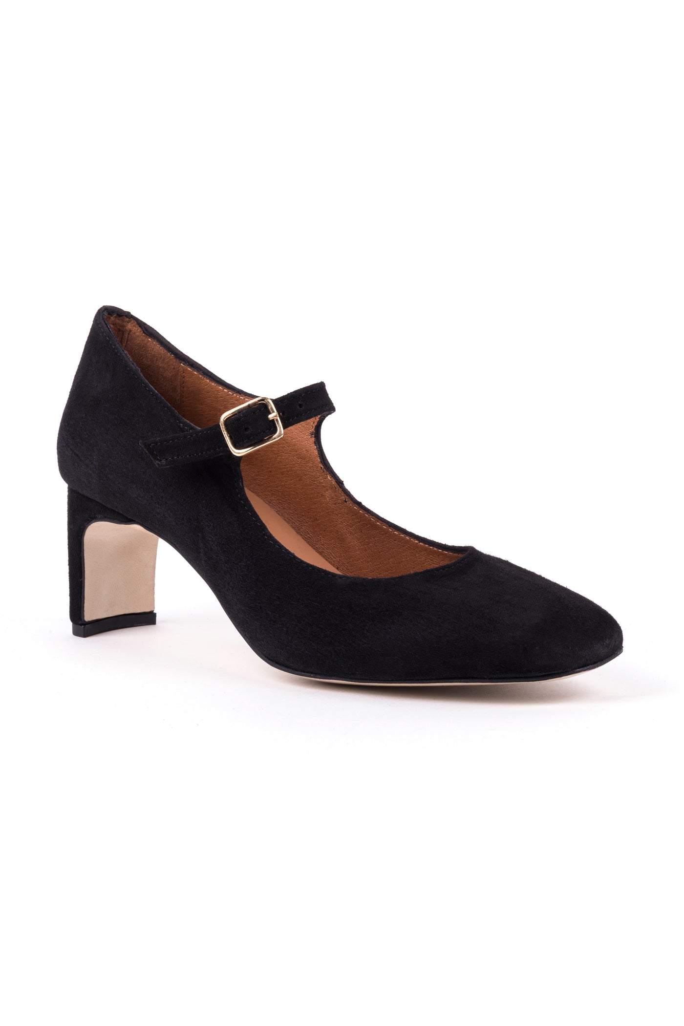 Sapato salto alto com ponta quadrada em camurça