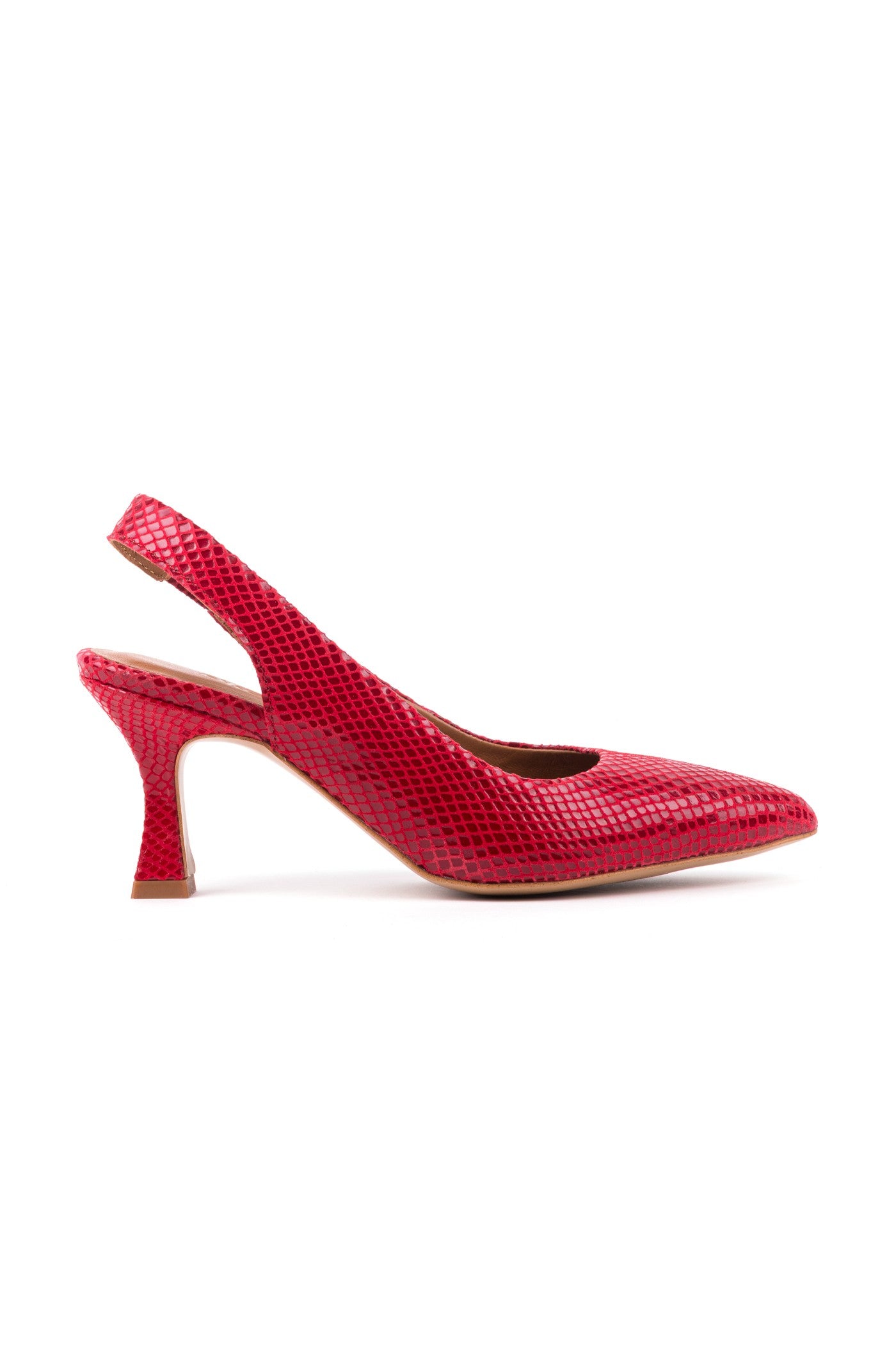 Slingbacks em pele gravada vermelha com textura, forma bicuda, salto estável de 7 cm - Zilian Edição Limitada