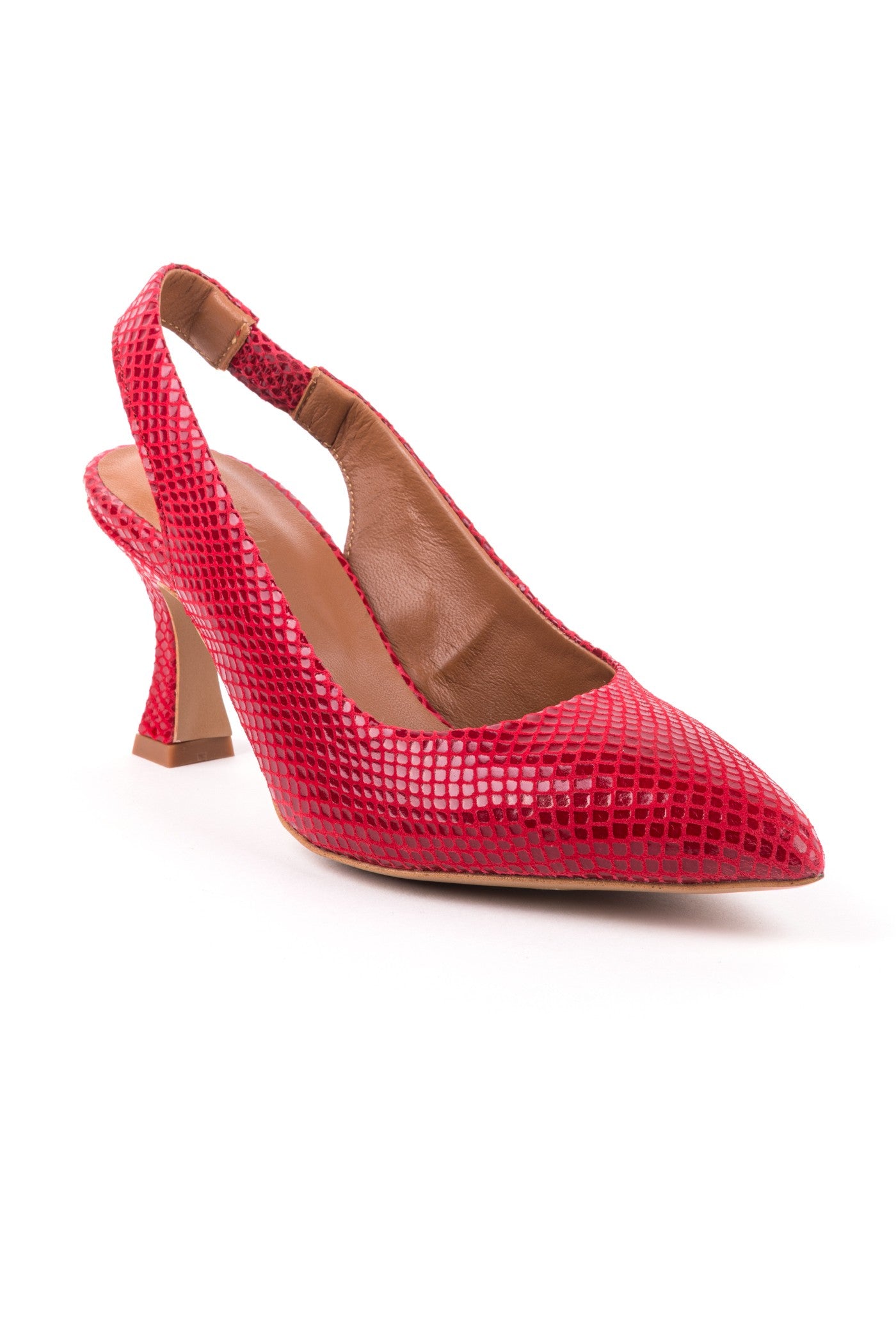 Slingbacks em pele gravada vermelha com textura, forma bicuda, salto estável de 7 cm - Zilian Edição Limitada