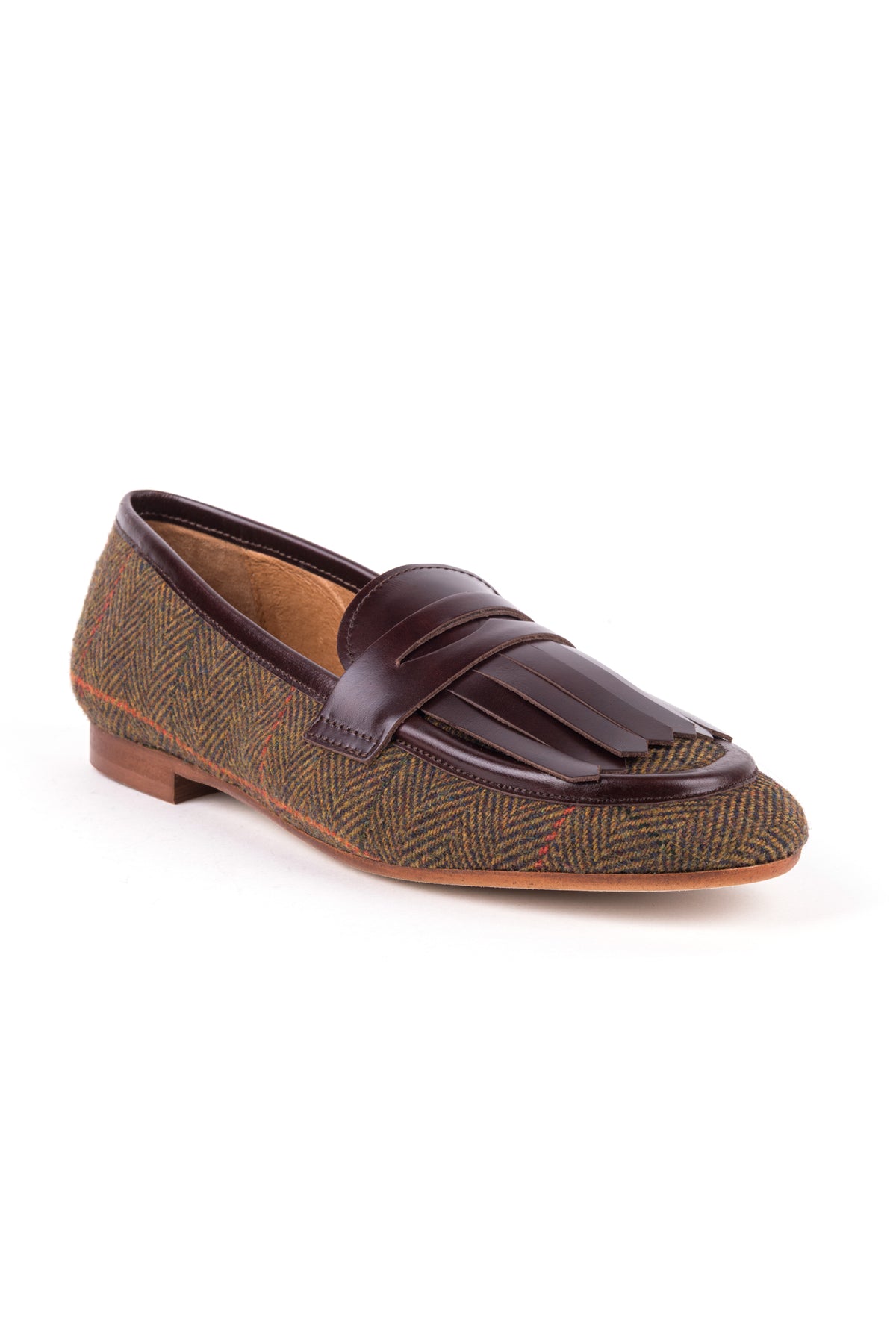 Mocassins Zilian em tweed e pele castanha