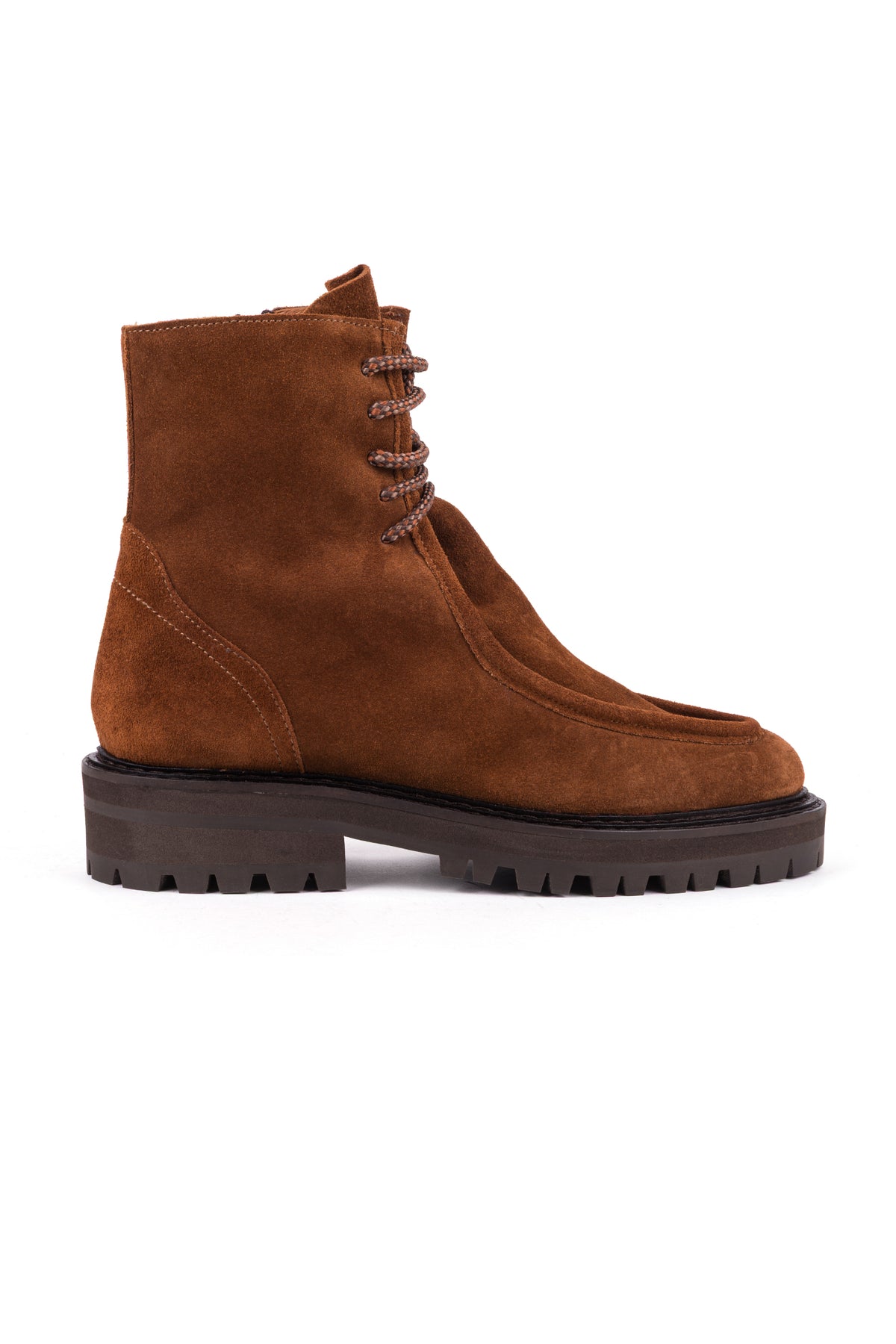 Botas combat em croute castanho, com atacadores e cano de 14,5 cm