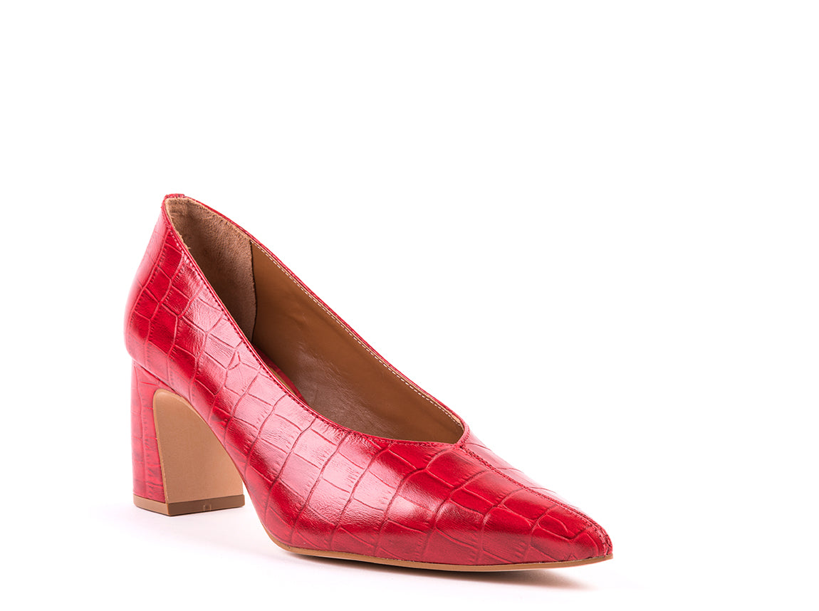 Sapatos de salto alto em pele gravada croco vermelho