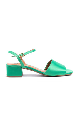 Med-heeled sandals in green fabric