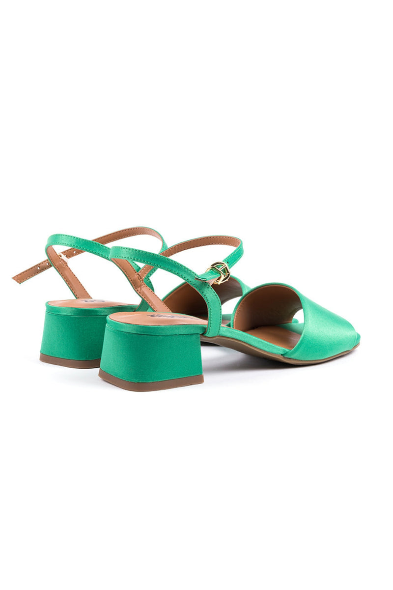 Med-heeled sandals in green fabric