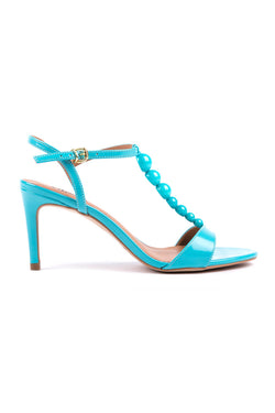 ​High-heeled t-bar sandals in blue varnish leather