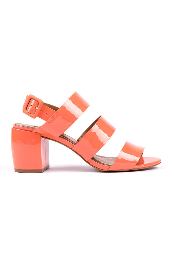 ​High-heeled sandals in orange varnish leather