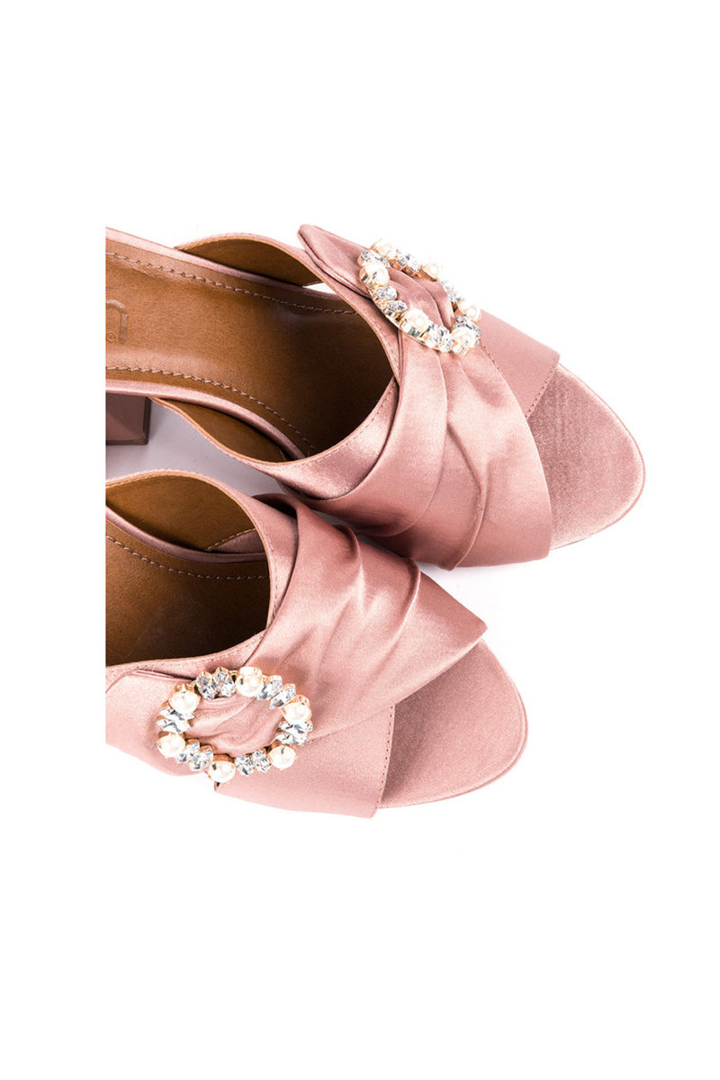 ​High-heeled mules in pink fabric