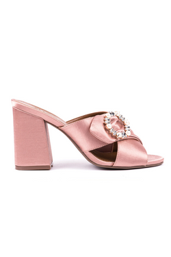 ​High-heeled mules in pink fabric