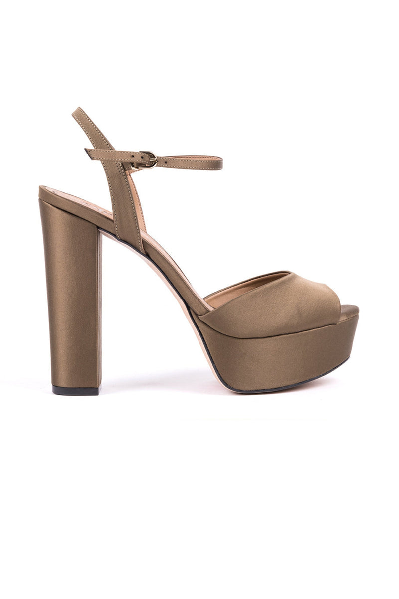 ​High-heeled sandals in khaki fabric