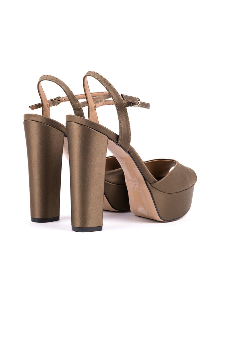 ​High-heeled sandals in khaki fabric