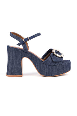 ​High-heeled sandals in blue denim fabric