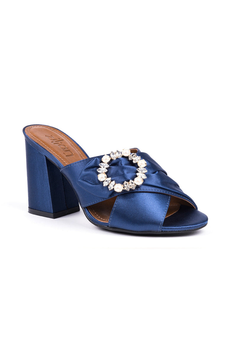 ​High-heeled mules in blue fabric