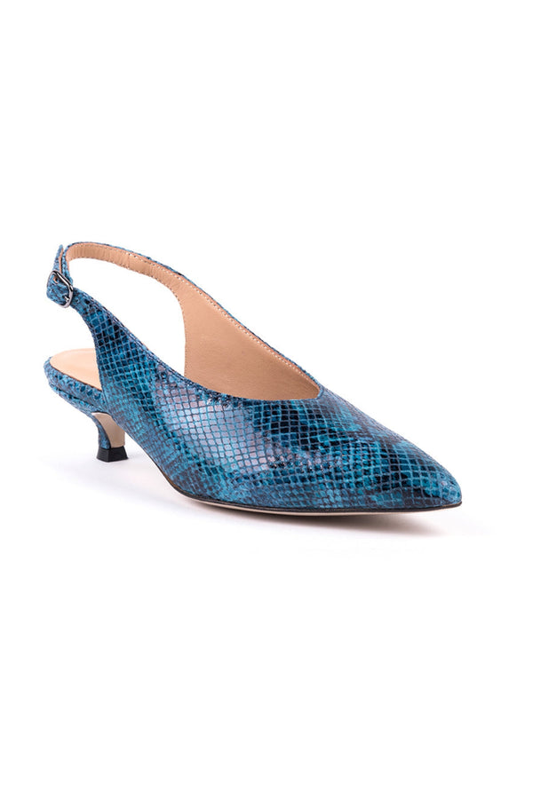 Slingbacks em pele bovina gravada azul com efeito cobra