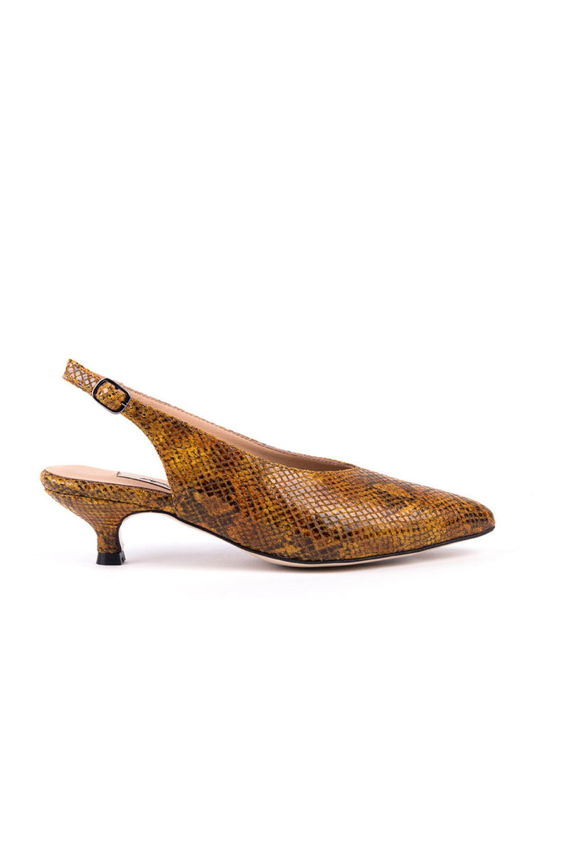 Mid-heeled mustard snake pattern leather slingbacks