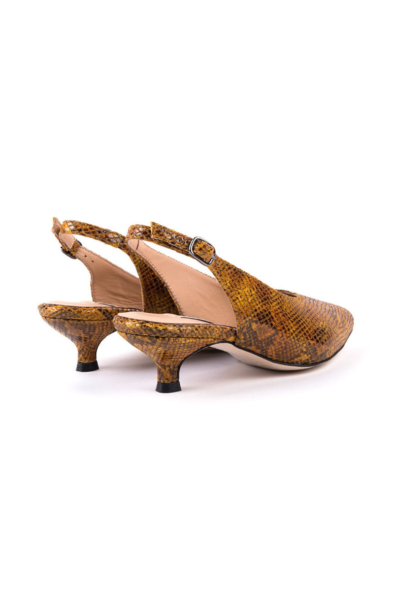 Mid-heeled mustard snake pattern leather slingbacks