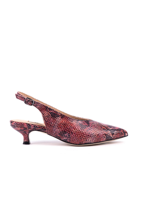 Mid-heeled pink snake pattern leather slingbacks